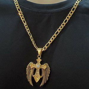 Mens Stainless Steel Gold Tone Angel Wing Celtic Cross Pendant Chain Necklace